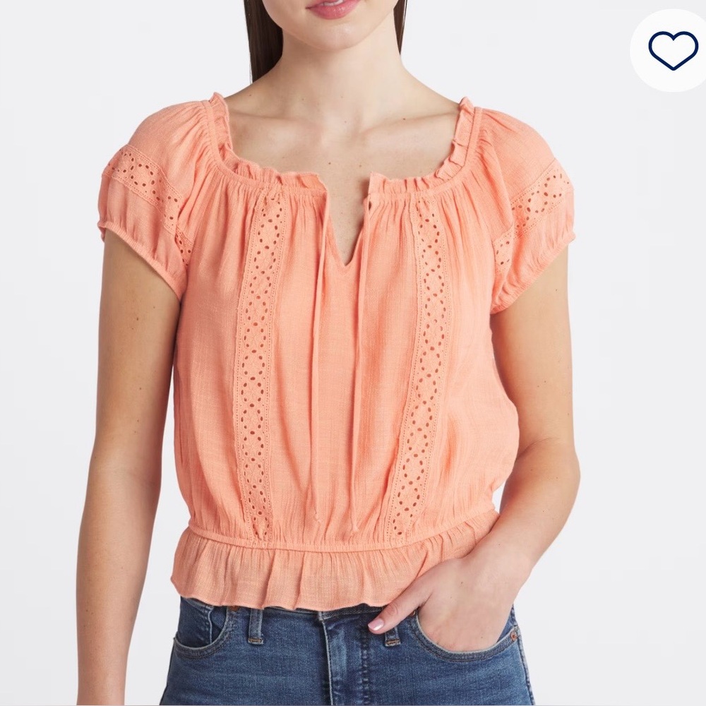 Abigale Cropped Blouse Peach Eyelet Short Sleeve Blouse with Ruffled Hem